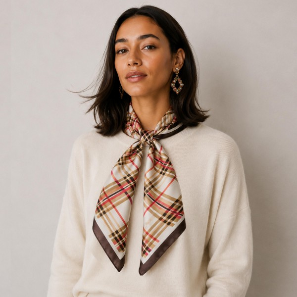 Plaid bandana scarf cut as a generous square in a soft lightweight weave. Knot it at the throat, tie it around a ponytail, or loop it through a handbag strap for a quick seasonal update. The check repeat pairs easily with the neutrals and denim already on the floor. An impulse priced layering piece that fills out a fall accessory wall.