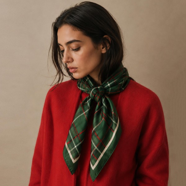 Plaid print bandana scarf in a lightweight woven fabric with a crisp drape. The square ties at the neck, knots onto a tote handle, or folds into a hair wrap without adding bulk. A classic check repeat that layers cleanly over sweaters and coats through fall and winter. Plaid scarves are a seasonal staple that sells through every year.