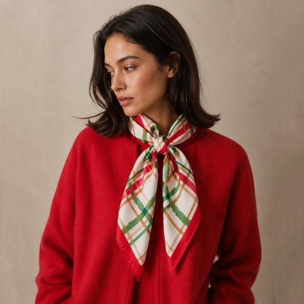 Holiday Plaid Square Scarf in silky polyester with a classic crisscross plaid print. Fold it into a triangle and knot it at the collar, wear it as a headscarf, or tie it onto a handbag for a festive finishing touch. Styled over a cozy sweater it instantly reads holiday, making it an easy pick for Christmas parties, family photos, and gift giving. A low price point makes this square scarf a natural impulse buy and stocking stuffer all season long.