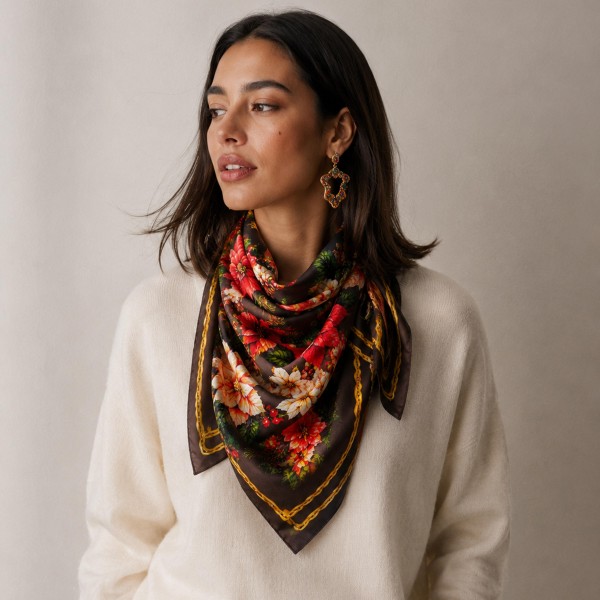 Do Everything In Love Silky Poinsettia Print Bandana Scarf

- Multi-Use: Scarf, Bandana, Bag Tie ETC
- Approximately 34"L X 34"W
- 100% Polyester