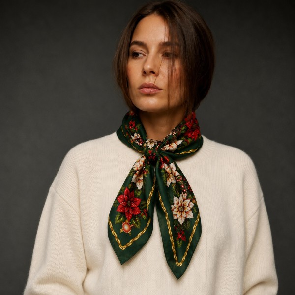 Christmas Floral Silky Square Scarf with rich poinsettias, winter blooms, and holly framed by an elegant rope chain border. The smooth satin feel ties beautifully as a neckerchief, drapes over a coat collar, or dresses up a handbag. Perfect for holiday parties, Christmas Eve services, festive dinners, and family photos. Classic holiday florals are a timeless seasonal seller and a gift customers love to give to moms, grandmothers, and teachers.
