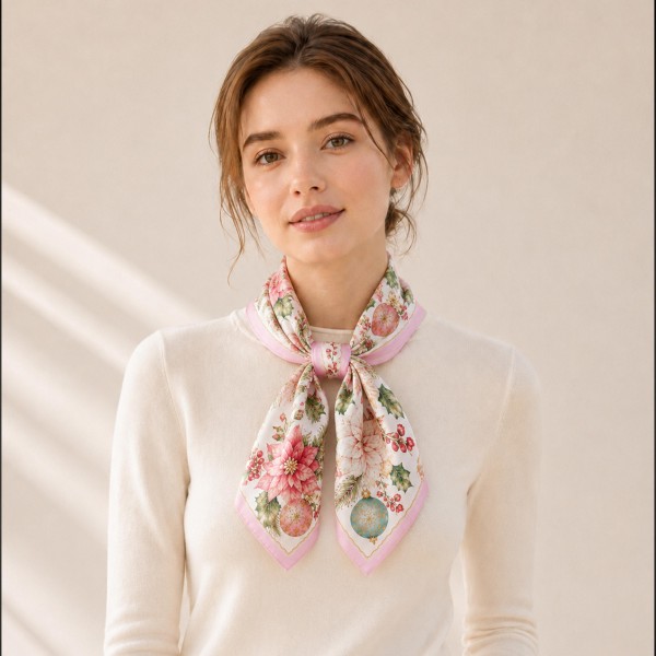 Poinsettia Christmas Silky Square Scarf with soft painterly poinsettias, holly, and vintage ornaments framed by a delicate border. The smooth satin feel ties as a neckerchief, drapes over a coat, or adds a festive bow to a ponytail or handbag. Lovely for holiday parties, church services, Christmas brunch, and family photos. Elegant floral holiday scarves are a thoughtful gift for moms, teachers, and friends and sell steadily all season.