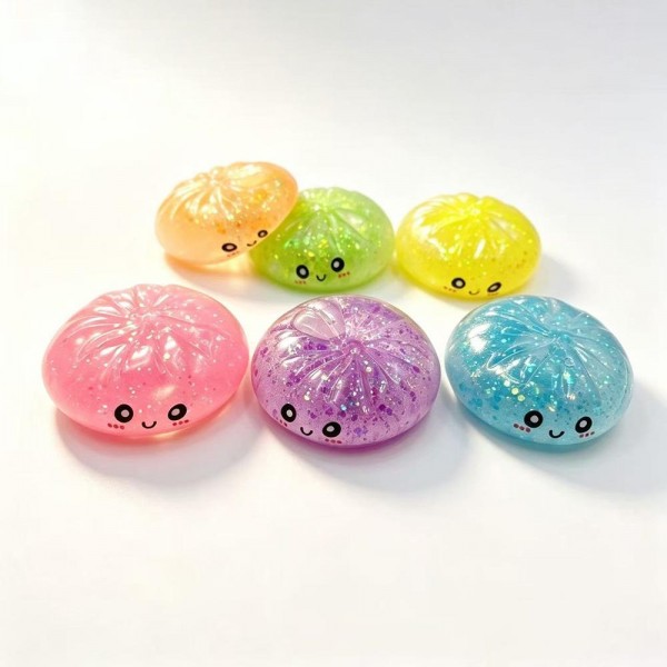 Assorted glitter squishy bun toys packaged in mini steamer-basket gift boxes, sold as a 12-piece countertop display that merchandises itself. Each soft, slow-rise squishy has a smiling character face and a sparkly translucent finish kids love to stretch, squeeze, and collect. A proven impulse buy at the register for boutiques, gift shops, birthday favors, and classroom treats. Small footprint, fast turn, and an easy add-on that keeps kids happy while parents shop.