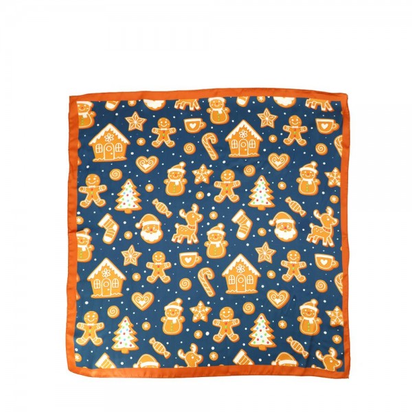 Gingerbread Print Bandana Scarf in a lightweight silky woven with a smooth drape and neat square cut. An allover gingerbread cookie print keeps it playful, and the compact size knots easily at the neck, around a handbag strap, or through a ponytail. Slim enough to layer under a coat all season without bulk. Print bandanas are a low risk, high turn accessory, and holiday motifs move fast through November and December.