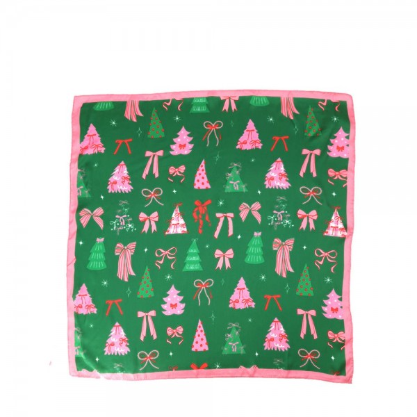 Bow Print Bandana Scarf in a lightweight silky woven with a soft hand and clean square cut. Scattered ribbon bows give it a festive look that still works long past the holidays, so it earns its place on the rack into spring. Ties at the neck, on a bag handle, or in the hair for three ways to style one piece. An easy impulse grab and a natural pairing at the register.