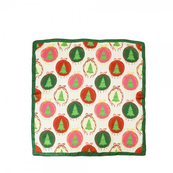 Ornament Print Bandana Scarf in a lightweight silky woven with a smooth finish and square cut. Hanging ornaments and evergreen sprigs are printed across the panel for a classic Christmas look that reads instantly seasonal. Wear it knotted at the neck, tied to a handbag, or wrapped as a hair scarf. A true impulse price point that sells through quickly at holiday markets and gift displays.