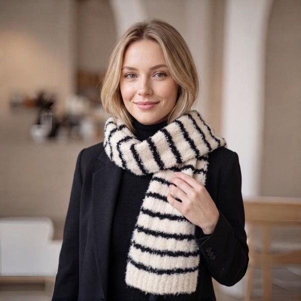 Striped fuzzy scarf in a soft eyelash boucle knit, a heavyweight winter scarf built for cold weather retail. Plush brushed yarn, wide contrast stripes, and a long wrap length that layers easily over coats, sweaters, and flannels. A go-to women's fashion scarf for fall and winter boutique displays, tailgates, farmers markets, and holiday gifting. Priced as an easy impulse add on, striped knit scarves reorder fast once temperatures drop.