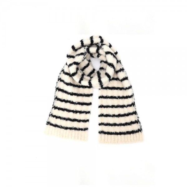 Striped fuzzy scarf in a soft eyelash boucle knit, a heavyweight winter scarf built for cold weather retail. Plush brushed yarn, wide contrast stripes, and a long wrap length that layers easily over coats, sweaters, and flannels. A go-to women's fashion scarf for fall and winter boutique displays, tailgates, farmers markets, and holiday gifting. Priced as an easy impulse add on, striped knit scarves reorder fast once temperatures drop.