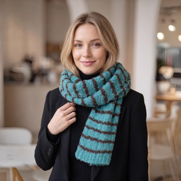 Striped fuzzy scarf in a soft eyelash boucle knit, a heavyweight winter scarf built for cold weather retail. Plush brushed yarn, wide contrast stripes, and a long wrap length that layers easily over coats, sweaters, and flannels. A go-to women's fashion scarf for fall and winter boutique displays, tailgates, farmers markets, and holiday gifting. Priced as an easy impulse add on, striped knit scarves reorder fast once temperatures drop.