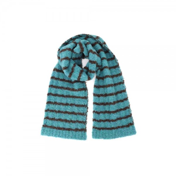 Striped fuzzy scarf in a soft eyelash boucle knit, a heavyweight winter scarf built for cold weather retail. Plush brushed yarn, wide contrast stripes, and a long wrap length that layers easily over coats, sweaters, and flannels. A go-to women's fashion scarf for fall and winter boutique displays, tailgates, farmers markets, and holiday gifting. Priced as an easy impulse add on, striped knit scarves reorder fast once temperatures drop.