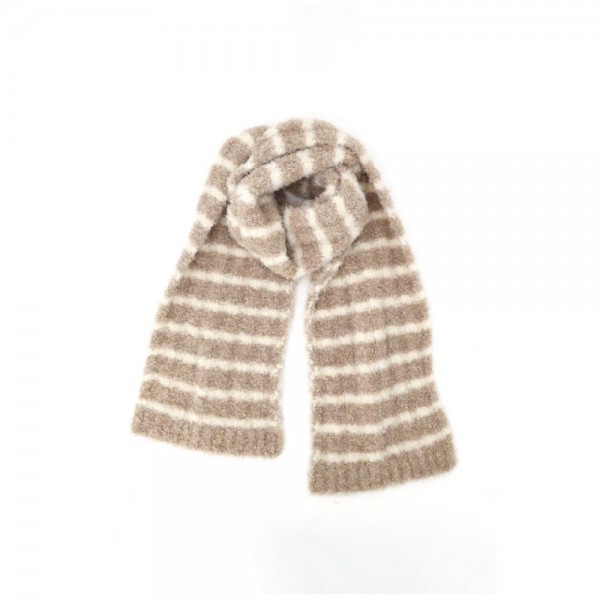 Striped fuzzy scarf in a soft eyelash boucle knit, a heavyweight winter scarf built for cold weather retail. Plush brushed yarn, wide contrast stripes, and a long wrap length that layers easily over coats, sweaters, and flannels. A go-to women's fashion scarf for fall and winter boutique displays, tailgates, farmers markets, and holiday gifting. Priced as an easy impulse add on, striped knit scarves reorder fast once temperatures drop.