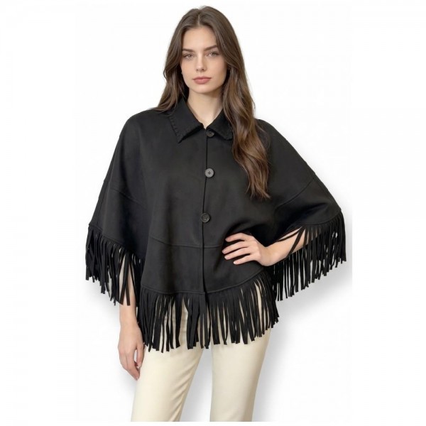 Faux Suede Collared Poncho With Fringe 

- One Size Fits Most 
- 95% Polyester 5% Spandex 
