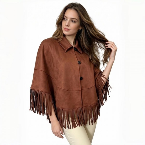 Faux Suede Collared Poncho With Fringe 

- One Size Fits Most 
- 95% Polyester 5% Spandex 