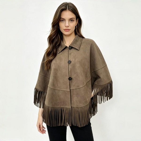 Faux Suede Collared Poncho With Fringe 

- One Size Fits Most 
- 95% Polyester 5% Spandex 