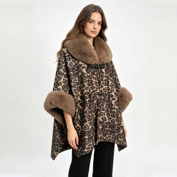 Suede Leopard Print Cap With Faux Fur Cuffs & Collar 

- One Size Fits Most 
- 100% Polyester 