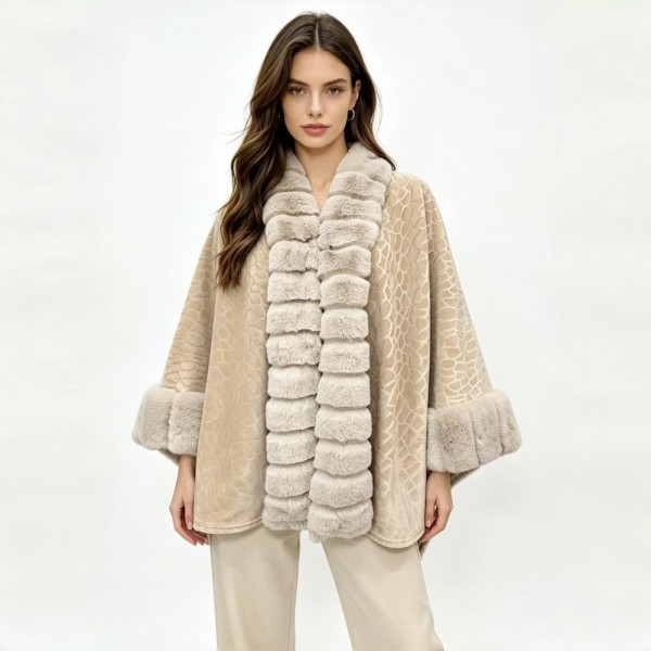 Textured Faux Fur-Trimmed Cape Shawl 

- One Size Fits Most 
- 100% Polyester 