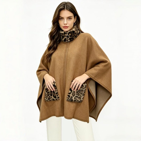 Zip-Up High Collar Poncho With Animal Print Faux Fur Accents 

- One Size Fits Most 
- 60% Polyester 40% Acrylic 