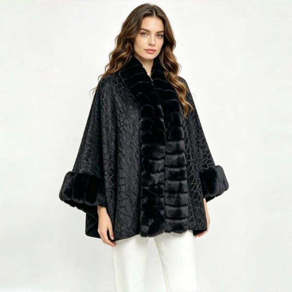 Textured Faux Fur-Trimmed Cape Shawl 

- One Size Fits Most 
- 100% Polyester 