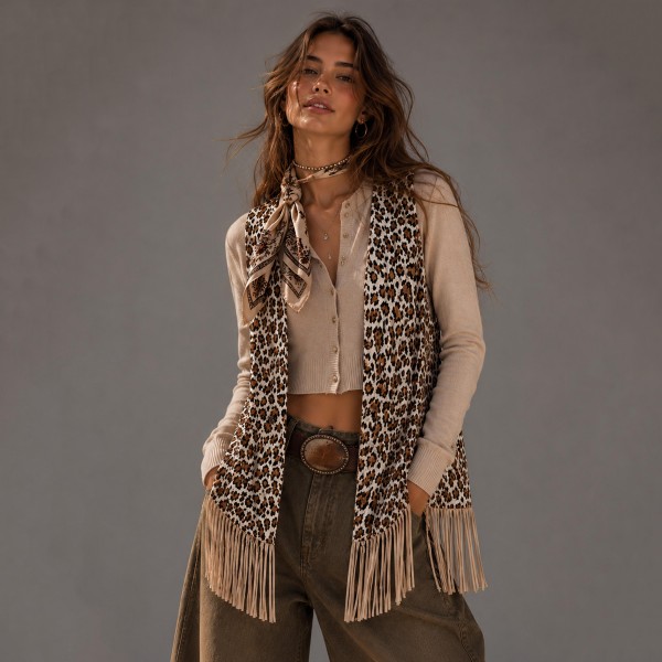 Do Everything In Love Leopard Print Fringe Vest 

- One Size Fits Most 
- 100% Polyester 