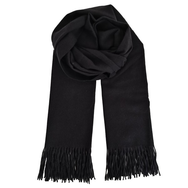 Solid Cashmere Feel Scarf in a soft, brushed blend of 83% polyester and 17% viscose. The oversized 70.9 x 27.6 inch size wraps easily around the neck or drapes over the shoulders like a shawl, finished with 3.9 inch fringe on each end. A warm, cozy layer for chilly days that pairs with coats, sweaters, and everyday outfits. Offered in a wide range of colors, this staple scarf is a must have for fall and winter displays.