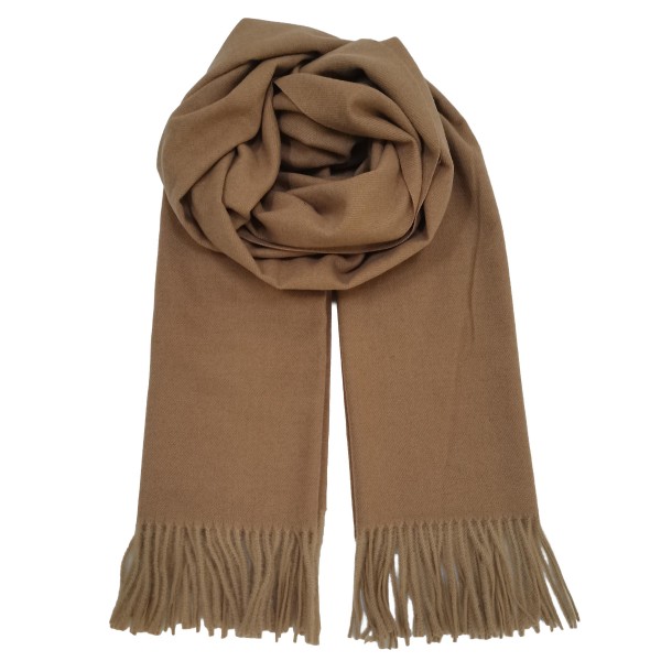 Solid Cashmere Feel Scarf in a soft, brushed blend of 83% polyester and 17% viscose. The oversized 70.9 x 27.6 inch size wraps easily around the neck or drapes over the shoulders like a shawl, finished with 3.9 inch fringe on each end. A warm, cozy layer for chilly days that pairs with coats, sweaters, and everyday outfits. Offered in a wide range of colors, this staple scarf is a must have for fall and winter displays.