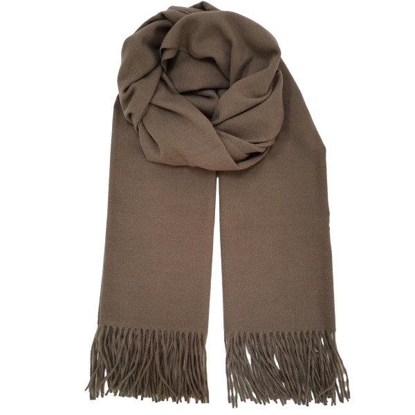 Solid Cashmere Feel Scarf in a soft, brushed blend of 83% polyester and 17% viscose. The oversized 70.9 x 27.6 inch size wraps easily around the neck or drapes over the shoulders like a shawl, finished with 3.9 inch fringe on each end. A warm, cozy layer for chilly days that pairs with coats, sweaters, and everyday outfits. Offered in a wide range of colors, this staple scarf is a must have for fall and winter displays.