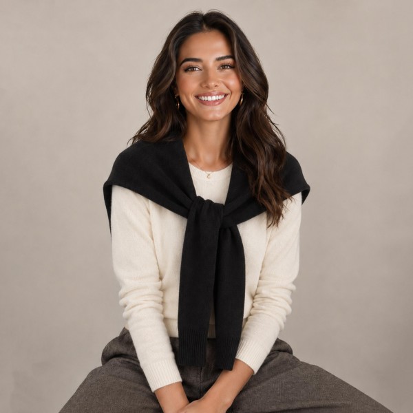 Knitted Shoulder Wrap in a soft blend of 30% cotton and 70% acrylic. Shaped to look like a sweater knotted over the shoulders, it delivers that effortless layered look in seconds. Toss it over a tee, button down, or dress for an instantly polished outfit. One size fits most, and the trend driven style makes it a standout seller for fall and winter.