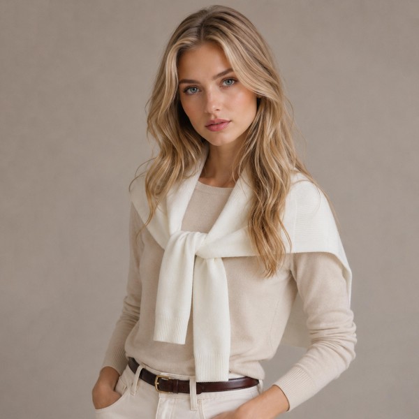 Knitted Shoulder Wrap in a soft blend of 30% cotton and 70% acrylic. Shaped to look like a sweater knotted over the shoulders, it delivers that effortless layered look in seconds. Toss it over a tee, button down, or dress for an instantly polished outfit. One size fits most, and the trend driven style makes it a standout seller for fall and winter.