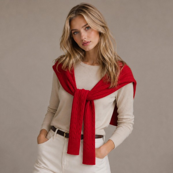 Cable Knit Sweater Shoulder Wrap that recreates the classic sweater over the shoulders look without the bulk of a full pullover. Soft cable knit sleeves tie loosely at the chest for an effortless, preppy finish over button downs, tees, and dresses. Perfect for cool fall mornings, country club brunches, football tailgates, and travel days. This trending layering piece is a quick seller that boutique shoppers love to style and gift.