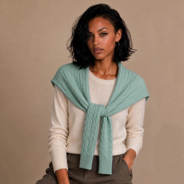 Cable Knit Sweater Shoulder Wrap that recreates the classic sweater over the shoulders look without the bulk of a full pullover. Soft cable knit sleeves tie loosely at the chest for an effortless, preppy finish over button downs, tees, and dresses. Perfect for cool fall mornings, country club brunches, football tailgates, and travel days. This trending layering piece is a quick seller that boutique shoppers love to style and gift.