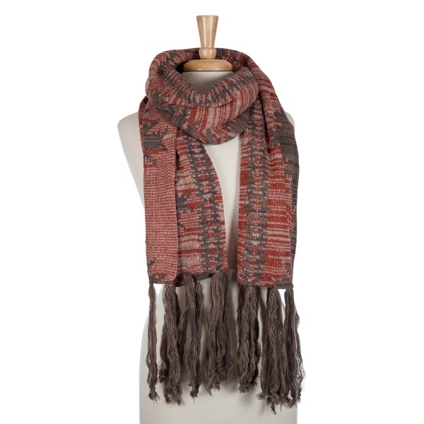 Beige, rust orange, and gray open scarf with an Aztec print and tassels. 100% acrylic. 