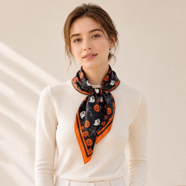 Halloween Silky Square Scarf with a playful print of jack o lanterns, friendly ghosts, and spiderwebs finished with a bold contrast border. Tie it as a neckerchief, wear it as a headband, or knot it onto a tote for a festive touch. Great for trick or treat nights, teacher outfits, fall festivals, and Halloween parties. Spooky cute accessories sell fast in October and make an easy impulse add on at the register.