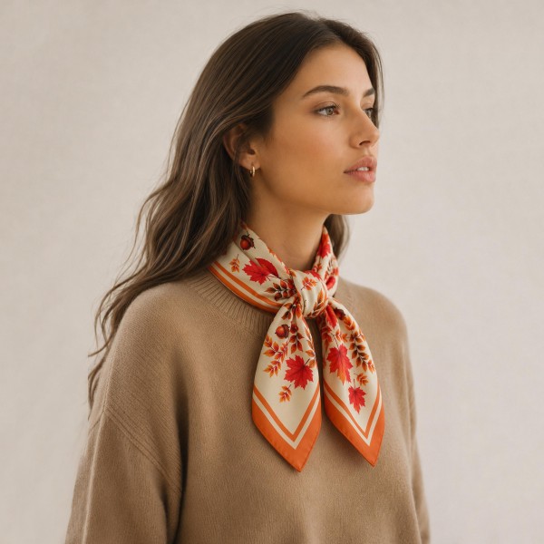 Bordered floral bandana scarf in a lightweight woven fabric with a smooth finish. The square ties at the neck, loops onto a bag handle, or folds into a headband without bunching. A painterly floral repeat with a defined border gives it a boutique look well above its price. An easy grab and go accessory for fall gifting.