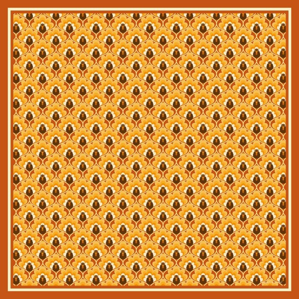 Turkey Print Square Scarf in silky 100% polyester, measuring 27.5 inches square. A repeating pattern of little turkeys is framed by a bold border for a festive fall look. Tie it at the neck over a cozy sweater for Thanksgiving dinner, Friendsgiving, and autumn gatherings, or knot it onto a handbag for a playful touch. A fun seasonal accessory that makes an easy hostess gift and impulse buy.