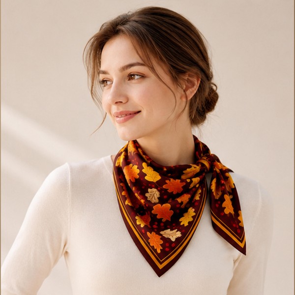 Autumn Leaves Silky Square Scarf with a rich allover maple and oak leaf print and a classic framed border. The smooth satin feel ties easily as a neckerchief, drapes over the shoulders, or wraps a ponytail or handbag handle. Perfect for pumpkin patch outings, Thanksgiving dinner, football Saturdays, and cozy fall layering. Seasonal print scarves are an affordable impulse buy that pairs perfectly with sweaters and makes an easy hostess gift.