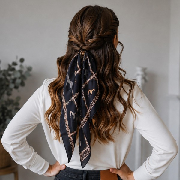 Equestrian print square scarf in a lightweight satin-feel woven, finished with a horse and bridle motif framed by a chain-link border. The generous square knots easily at the neck, ties into a ponytail or low bun, and loops onto a handbag handle for an instant refresh. Riding-inspired prints read polished with a blazer and relaxed with denim, making this a true transitional piece for fall. An easy impulse add-on that keeps the accessory wall turning.