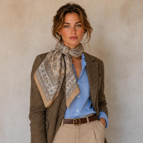 Paisley border print square scarf in a lightweight satin-feel woven, with an intricate medallion center framed by a solid contrast border. The oversized square knots at the throat, folds into a triangle over a jacket, or ties as a headscarf without adding bulk. Classic paisley is a perennial fall performer that pairs just as easily with tweed and denim as it does with knits. Strong perceived value at an impulse price point.