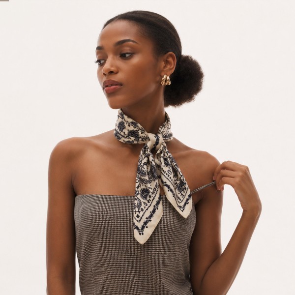 Paisley bandana print square scarf in a smooth satin-feel woven, with a dense medallion motif and a fine scalloped border. Knots neatly at the throat for a polished western-inspired look, ties into a ponytail, or loops around a handbag strap. The bandana motif is an evergreen boutique performer that sells year round and spikes every fall. Low cost, high perceived value, and an easy multiple at the register.