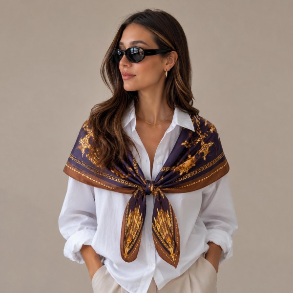Chain and tassel print square scarf in a lightweight satin-feel woven, with an ornate link motif and a framing border. The generous square drapes over the shoulders like a shawl, folds into a neck knot, or ties onto a handbag for an instant lift. Status chain prints give a display an elevated, designer-inspired look at an impulse price point. A strong transitional piece that carries from early fall into holiday.