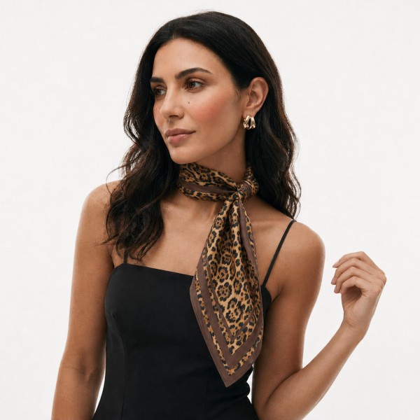 Leopard print square scarf in a fluid satin-feel woven, finished with a solid contrast border. Big enough to knot at the waist as a belt-style wrap, drape across the shoulders, or fold into a neck scarf. Animal print is a perennial fall bestseller that instantly updates a plain shirt, blazer, or denim jacket. An easy add-on sale that pairs with almost everything already on the floor.