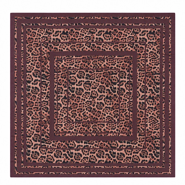 Leopard print square scarf in a fluid satin-feel woven, finished with a solid contrast border. Big enough to knot at the waist as a belt-style wrap, drape across the shoulders, or fold into a neck scarf. Animal print is a perennial fall bestseller that instantly updates a plain shirt, blazer, or denim jacket. An easy add-on sale that pairs with almost everything already on the floor.
