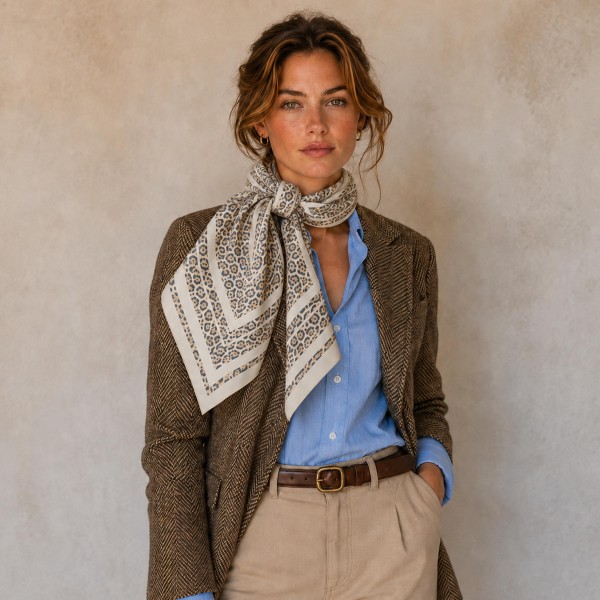 Leopard print square scarf in a fluid satin-feel woven, finished with a solid contrast border. Big enough to knot at the waist as a belt-style wrap, drape across the shoulders, or fold into a neck scarf. Animal print is a perennial fall bestseller that instantly updates a plain shirt, blazer, or denim jacket. An easy add-on sale that pairs with almost everything already on the floor.