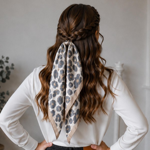 Oversized leopard print square scarf in a soft satin-feel woven with a fine framing border. The larger square drapes as a shoulder wrap, folds into a full triangle over a jacket, or knots at the neck for a polished finish. Animal print is a reliable fall repeat purchase that works with everything already on the floor. High impact on a display rack at an easy impulse price.