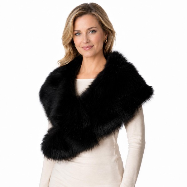 Faux Fur Stole Wrap with a long, shaggy pile and a generous length that crosses at the front or drapes open over the shoulders. It adds instant glamour to evening dresses, sweaters, and winter coats. A favorite for holiday parties, weddings, date nights, and cold weather events. Faux fur wraps are a seasonal must have and an easy gift, and they sell through fast from fall into the new year.