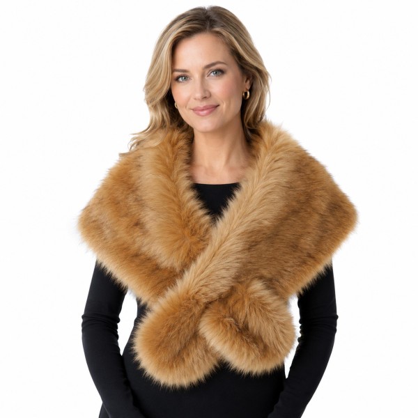 Faux Fur Stole Wrap with a long, shaggy pile and a generous length that crosses at the front or drapes open over the shoulders. It adds instant glamour to evening dresses, sweaters, and winter coats. A favorite for holiday parties, weddings, date nights, and cold weather events. Faux fur wraps are a seasonal must have and an easy gift, and they sell through fast from fall into the new year.