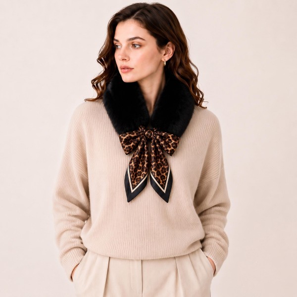 Faux Fur Collar Scarf with an attached leopard print satin tie and a decorative brooch at the center. The plush collar frames the neckline while the silky tails add movement and polish over sweaters, coats, and dresses. An easy way to elevate a simple fall outfit for the office, date night, or holiday parties. Faux fur and leopard are two of the season's top trends, and this piece pairs both in one quick selling accessory.