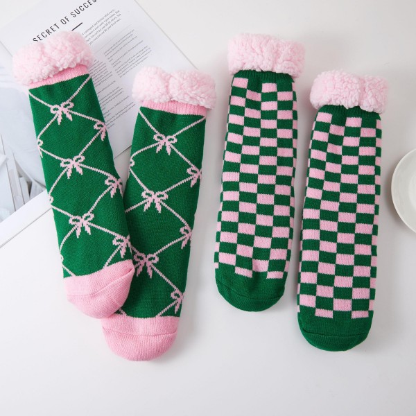 Bow and Checkered Sherpa Slipper Socks in two trend right prints, a dainty bow lattice and a bold checkerboard, finished with a fluffy sherpa cuff. The plush lining feels like a warm hug for feet during lazy weekends, holiday travel, and chilly nights at home. Packed as an assortment of both designs. Bows and checks are two of the most wanted motifs this season, making these an easy gift and a cute impulse add near the register.