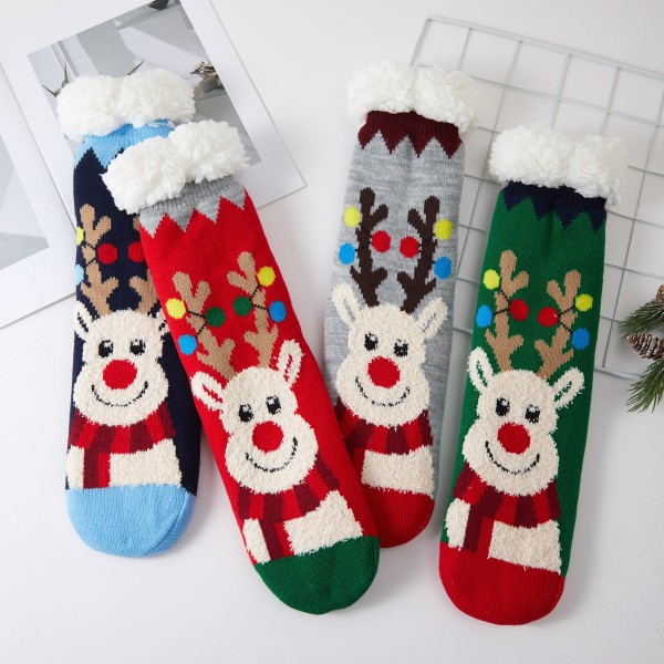 Christmas Reindeer Sherpa Lined Slipper Socks with a fuzzy reindeer face, pom pom trimmed antlers, a cozy knit scarf, and a plush sherpa cuff. A soft knit exterior and warm sherpa lining make them the perfect pick for chilly mornings, holiday movie nights, and Christmas morning photos. Sold as an assorted six pack, they're a natural for stocking stuffers, gift exchanges, teacher gifts, and family matching. Set them near the register and these festive socks sell through all season long.
