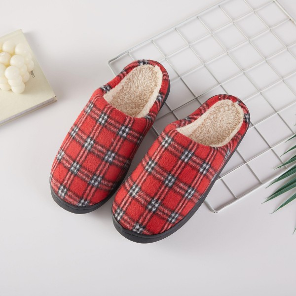 Plaid House Slippers with a classic tartan knit upper and a plush sherpa style lining that keeps feet toasty on cold mornings. The slip on scuff design with a cushioned footbed and nonslip sole goes from bed to breakfast to the mailbox. A cozy holiday gift for moms, teachers, grandmothers, and anyone who loves a lazy Sunday. Plaid slippers are a proven fall and Christmas seller, perfect for gift displays and stocking stuffer tables.