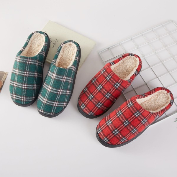 Plaid House Slippers with a classic tartan knit upper and a plush sherpa style lining that keeps feet toasty on cold mornings. The slip on scuff design with a cushioned footbed and nonslip sole goes from bed to breakfast to the mailbox. A cozy holiday gift for moms, teachers, grandmothers, and anyone who loves a lazy Sunday. Plaid slippers are a proven fall and Christmas seller, perfect for gift displays and stocking stuffer tables.